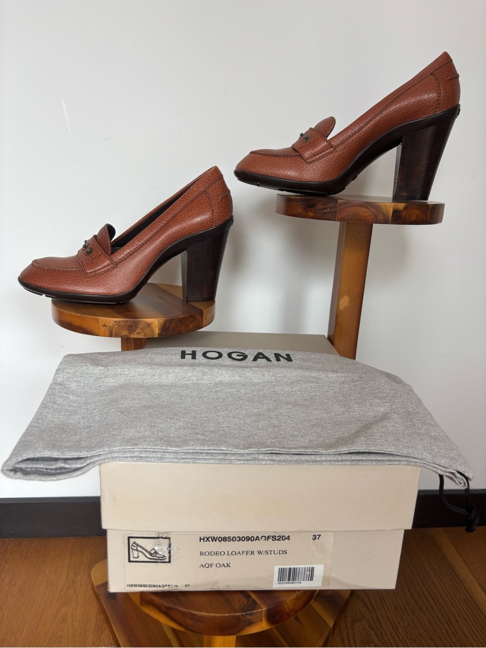 Hogan Rodeo Oak Brown Leather Studded Loafer Pumps Heels EU 37